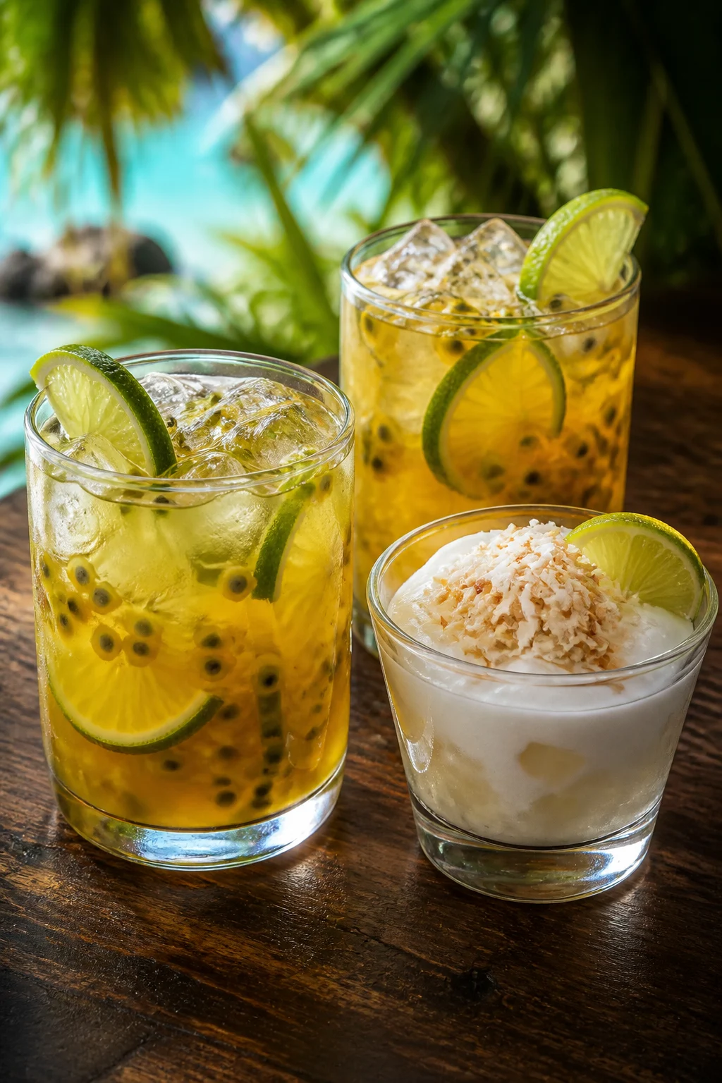 Imagem promocional ilustrativa de bebidas tropicais e sobremesa