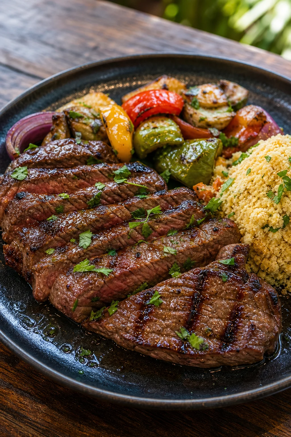 Imagem promocional ilustrativa de carne grelhada com acompanhamentos