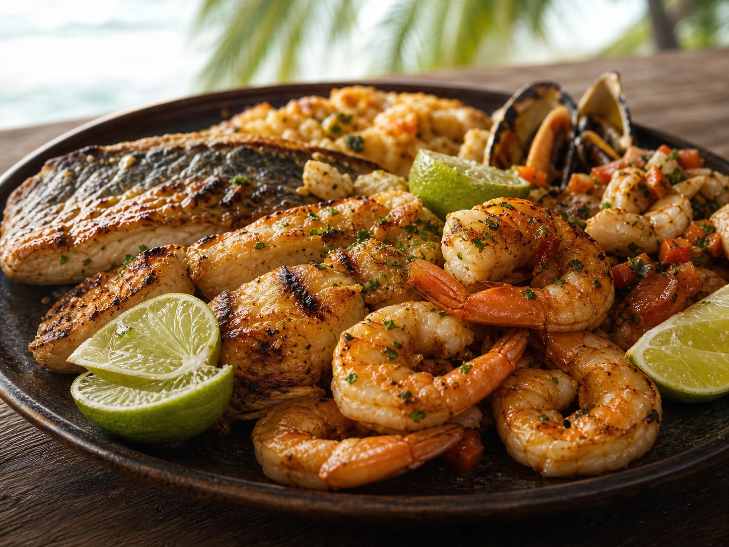 Imagem promocional ilustrativa com peixes e frutos do mar