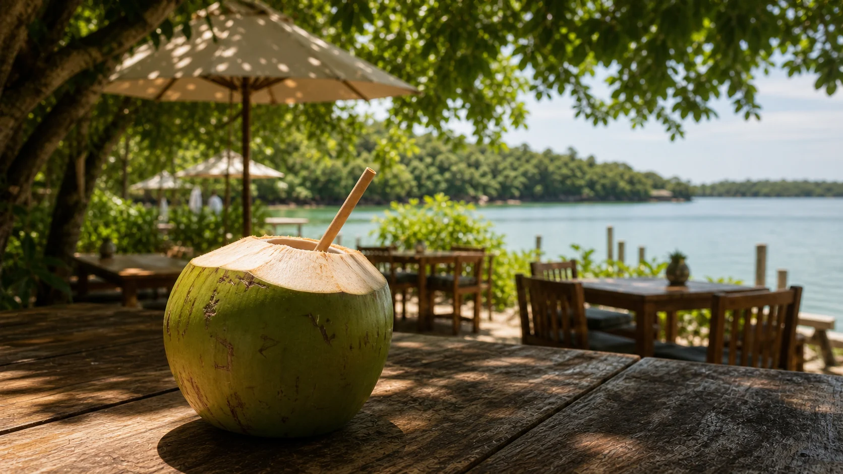 Imagem promocional ilustrativa de água de coco diante de uma lagoa