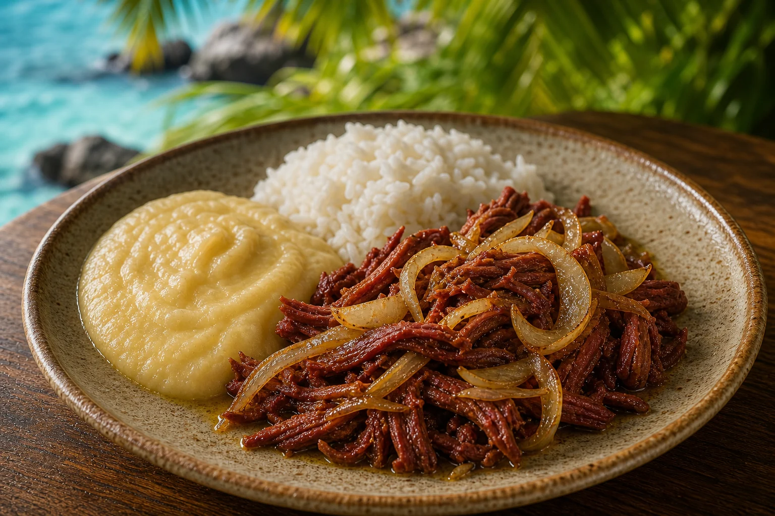 Imagem promocional ilustrativa de carne desfiada com acompanhamentos