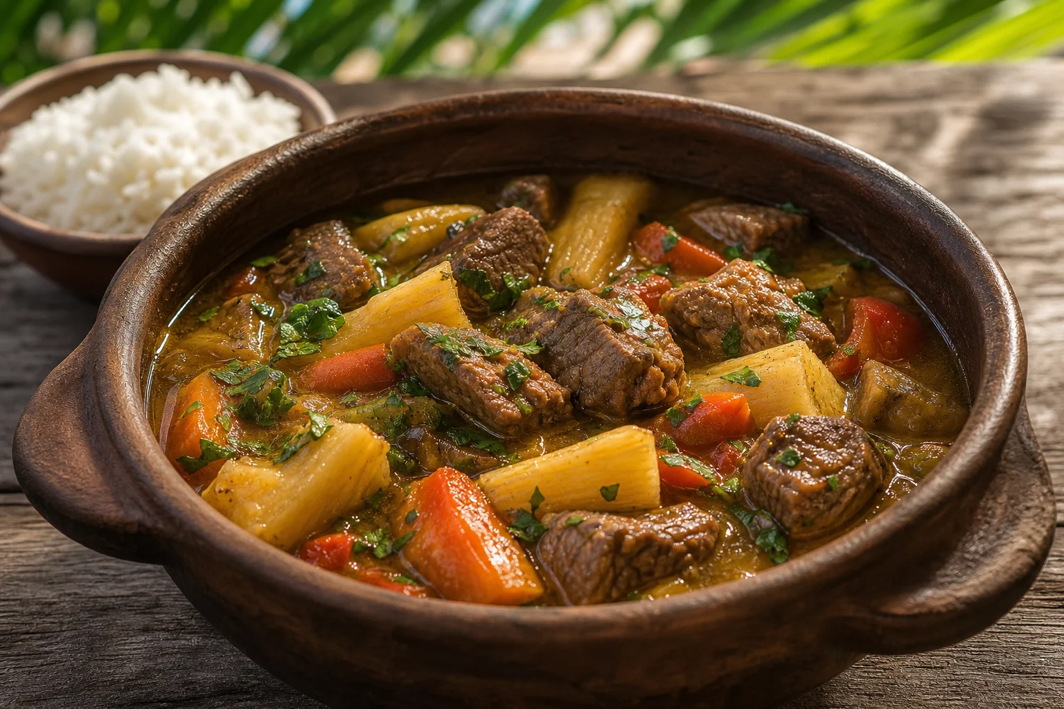 Imagem promocional ilustrativa de carne e legumes em panela de barro