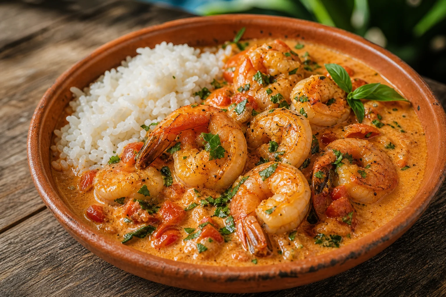 Imagem promocional ilustrativa de camarões em molho cremoso com arroz